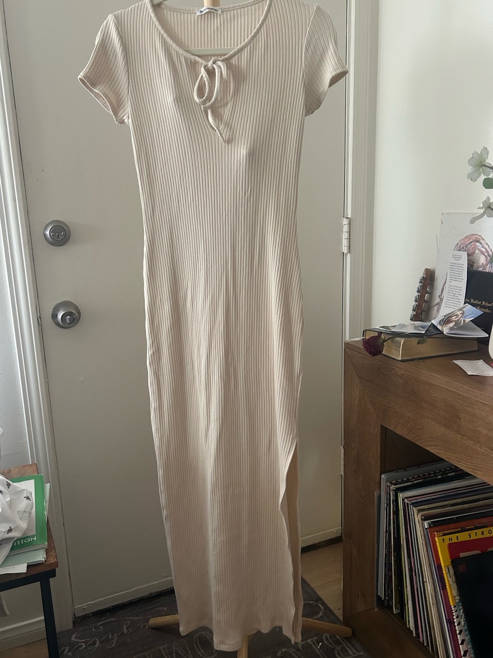 Reformation Ribbed Tie-Neck Dress in Light Cream Small
